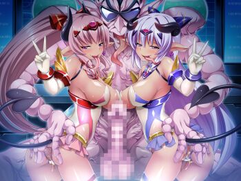 1boy 2girls aftersex ass bare_shoulders blue_hair blush bow breast_slip breasts censored cum cum_in_pussy cumdrip demon demon_girl demon_horns demon_tail earrings elbow_gloves exs-tia_marina exs-tia_riesz ffm_threesome game_cg ganusgil gloves group_sex hair_bow heart heart_earrings hetero horns interspecies jewelry katsuragi_marina kougyaku_reiki kouyoku_senki_exs-tia large_breasts large_variant_set leotard licking long_hair long_tongue looking_at_viewer magical_girl miyagoe_yoshitsuki monster mosaic_censoring multiple_girls nipples non-web_source official_art one_breast_out open_mouth penis pink_eyes pink_hair pink_leotard pointy_ears ponytail purple_eyes pussy pussy_juice rieszverne_suzette_paladill shiny_skin sideboob skirt smile sunglasses tail testicles thighhighs threesome tiara tongue tongue_out v variant_set very_long_hair white_gloves