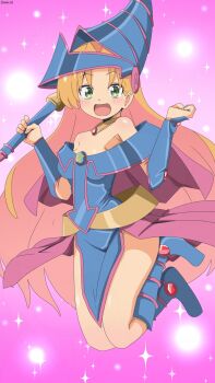 1girl bambi2000line blonde_hair blush boots breasts cosplay dark_magician_girl dark_magician_girl_(cosplay) green_eyes highres holding holding_staff jumping long_hair looking_at_viewer open_mouth pink_background ruri_no_houseki small_breasts smile solo staff tanigawa_ruri yu-gi-oh!
