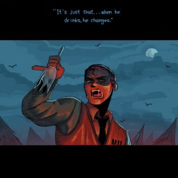 1boy bottle brown_hair clay_puppington claymton collared_shirt commentary drunk hair_slicked_back highres holding holding_bottle male_focus moral_orel necktie night open_mouth outdoors saliva shirt short_hair solo source_quote vest white_shirt