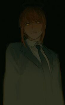 Rule 34 | 1girl, black background, black jacket, black necktie, braid, chainsaw man, closed mouth, collared shirt, commentary, english commentary, formal clothes, grey halo, hair between eyes, halo, highres, jacket, keibleh, lapels, lips, long hair, long sleeves, looking at viewer, low-braided long hair, low-tied long hair, makima (chainsaw man), necktie, red hair, ringed eyes, shirt, sidelocks, simple background, single braid, solo, suit, suit jacket, upper body, white shirt, yellow eyes