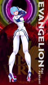 Rule 34 | 1girl, absurdres, adapted costume, alternate breast size (larger), arms up, ass, ayanami rei, blue background, blue hair, bodysuit, breasts, cameltoe, curvy, full body, gradient background, hand in own hair, heruka (artist), highres, impossible bodysuit, impossible clothes, interface headset (evangelion), lips, logo, looking at viewer, looking back, mecha pilot suit, neon genesis evangelion, parted lips, plugsuit (evangelion), red eyes, short hair, smile, solo, standing, white bodysuit, wide hips