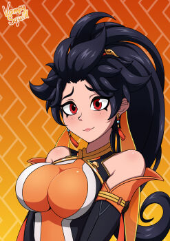 Rule 34 | anran (overwatch), bird, black hair, chinese clothes, earrings, female focus, jewelry, overwatch, overwatch 1, overwatch 2, phoenix, ponytail, red eyes, vampy squid
