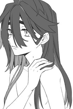 1boy bare_shoulders collarbone commentary_request hair_between_eyes hair_down hand_on_own_shoulder highres kieran_(pokemon) long_hair mole mole_on_neck monochrome naruse_makoto nintendo pokemon pokemon_sv sketch solo topless_male