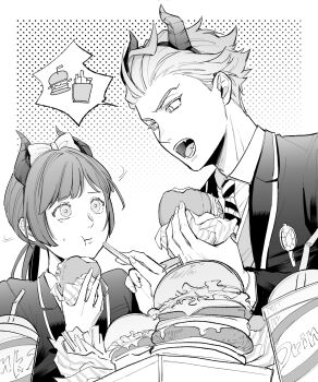 Rule 34 | 1boy, 1girl, :t, burger, cheek poking, commentary request, cup, diagonal-striped clothes, diagonal-striped necktie, diasomnia dorm uniform, disposable cup, fake horns, food, french fries, greyscale, hair slicked back, highres, holding, holding burger, holding food, horns, jacket, looking at another, monochrome, necktie, open mouth, poking, ponytail, rimo., sebek zigvolt, slit pupils, speech bubble, striped clothes, tearing up, tray, twisted wonderland, vest, yuu (twisted wonderland)