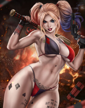 1girl arm_tattoo arrow_through_heart artist_name baseball_bat batman_(series) bikini black_bikini black_gloves black_nails blonde_hair blue_eyes blue_hair body_writing breasts chest_tattoo cowboy_shot dandon_fuga dc_comics diamond_(shape) dynamite explosive eyeshadow facial_mark fingerless_gloves gloves gun handgun hands_up harley_quinn heart heart_facial_mark heart_tattoo holding holding_baseball_bat holding_gun holding_weapon large_breasts leg_tattoo lipstick long_hair looking_at_viewer makeup multicolored_bikini multicolored_hair multicolored_nails nail_polish navel over_shoulder paid_reward_available pubic_tattoo red_bikini red_hair red_lips red_nails revolver smile smoke smoking_barrel solo stomach_tattoo suicide_squad swimsuit tally tattoo thighhighs toned toned_female twintails two-tone_bikini two-tone_nails weapon weapon_over_shoulder