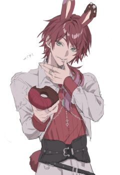 Rule 34 | 1boy, alternate costume, animal ears, chouchan, commentary, cowboy shot, donut, food, food on face, green eyes, hair between eyes, highres, holding, holding donut, holding food, jacket, jewelry, kemonomimi mode, lauren iroas, long hair, long sleeves, looking at viewer, multiple rings, nijisanji, open clothes, open jacket, ponytail, rabbit ears, rabbit tail, red hair, red shirt, ring, shirt, side ponytail, simple background, tail, untranslatable commentary, virtual youtuber, white background, white jacket, wiping mouth