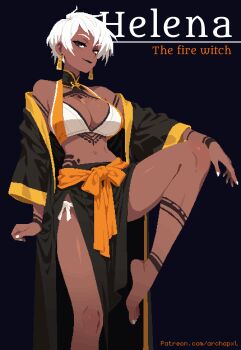 archapxl bare_shoulders barefoot black_background black_lips bra bracelet breasts chest_tattoo commentary earrings english_commentary english_text feet gold_earrings helena_(archapxl) highres jewelry knee_up large_breasts leg_tattoo midriff nail_polish navel off_shoulder original panties patreon_username revealing_clothes seductive_smile shiny_skin smile tattoo toenail_polish toenails underwear watermark web_address white_bra white_hair white_nails white_panties yellow_trim