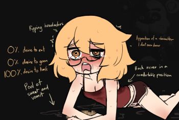 1girl arrow_(symbol) blonde_hair breasts camisole censored centurii-chan centurii-chan_(character) cleavage collarbone commentary english_commentary english_text five_nights_at_freddy's freddy_fazbear glasses mosaic_censoring open_mouth original red_camisole short_shorts shorts sick tearing_up teeth upper_teeth_only veiny_face when_you_see_it yellow_eyes