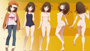1girl arm_at_side ass autumn_leaves bakemonogatari bare_arms bare_legs bare_shoulders barefoot blue_one-piece_swimsuit blue_pants breasts brown_eyes brown_footwear brown_hair newsboy_cap closed_mouth commentary_request completely_nude denim feet gluteal_fold hand_up hat highres jacket jacket_on_shoulders jeans leaf light_blush long_sleeves looking_at_viewer looking_back medium_hair monogatari_(series) multiple_views nanikairu navel no_nipples no_pussy nude old_school_swimsuit one-piece_swimsuit open_clothes open_jacket open_mouth orange_headwear orange_jacket paid_reward_available pants pink_shirt school_swimsuit sengoku_nadeko shirt small_breasts smile soles standing standing_on_one_leg stomach swimsuit toes turnaround turning_head
