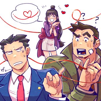 1girl 2boys ? absurdres ace_attorney black_hair closed_eyes coat collared_shirt dick_gumshoe disgust fingernails fujoshi green_coat grin hair_ornament heart highres japanese_clothes maya_fey multiple_boys necktie open_mouth own_hands_together pencil_behind_ear phoenix_wright red_necktie shirt short_hair smile sphere_hair_ornament spoken_heart string string_around_finger string_of_fate surprised white_background white_shirt yowasabimechaoc