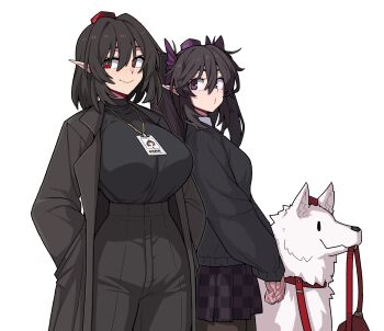 2girls animalization black_hair black_jacket black_pants black_shirt breasts brown_hair checkered_clothes checkered_skirt formicid hat highres himekaidou_hatate inubashiri_momiji inubashiri_momiji_(wolf) jacket large_breasts long_hair medium_hair multiple_girls pants pointy_ears purple_hat shameimaru_aya shirt skirt smile tokin_hat touhou twintails white_fur wolf