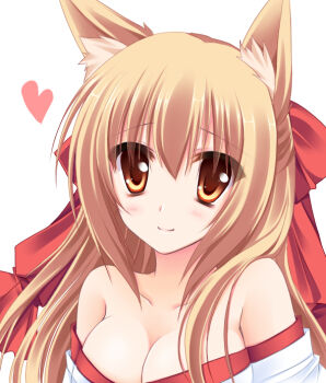 1girl animal_ear_fluff animal_ears bare_shoulders blush bow breasts brown_eyes brown_hair cleavage closed_mouth collarbone commentary_request fox_ears fox_girl hair_between_eyes hair_bow heart large_breasts long_hair looking_at_viewer mameyarou original red_bow simple_background smile solo upper_body white_background