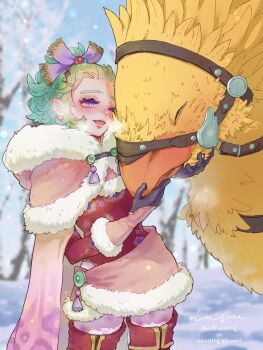 1girl adapted_costume artist_name bird blurry blurry_background boots cape capelet cheek-to-cheek chocobo commentary_request cowboy_shot dress eakanasu earrings final_fantasy final_fantasy_vi fur-trimmed_capelet fur-trimmed_gloves fur-trimmed_skirt fur_trim gloves green_hair hair_bobbles hair_ornament hair_ribbon heads_together highres jewelry long_hair miniskirt one_eye_closed open_mouth pantyhose pink_cape pink_capelet pink_pantyhose pink_skirt ponytail print_pantyhose purple_eyes purple_ribbon red_boots red_dress red_sleeves ribbon short_dress sidelocks skirt smile snow thigh_boots tina_branford winter winter_clothes