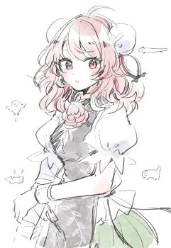 1girl bandaged_arm bandages black_tabard blush breasts bun_cover commentary_request cowboy_shot cuffs double_bun flower green_skirt hair_bun highres ibaraki_kasen long_hair looking_at_viewer mozukuzu_(manukedori) open_mouth pink_eyes pink_flower pink_hair pink_rose rose shackles shirt short_sleeves simple_background sketch skirt solo tabard touhou white_background white_shirt