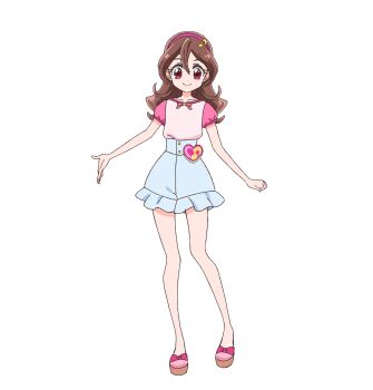 1girl blue_skirt full_body hairband heart highres kimi_to_idol_precure long_hair looking_at_viewer miniskirt musical_note official_art pink_hairband pink_shirt pink_shoes precure sakura_uta_(precure) second-party_source shirt shoes short_sleeves simple_background skirt smile solo standing tachi-e