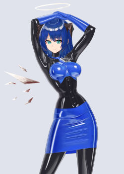 Rule 34 | 1girl, absurdres, aqua eyes, arknights, arms up, black bodysuit, black corset, blue dress, blue gloves, blue hair, bodysuit, breasts, contrapposto, corset, dress, energy wings, fridgephone, gloves, halo, highres, horns, latex, latex bodysuit, looking at viewer, medium breasts, medium hair, mostima (arknights), shiny clothes, skin tight, smile, solo, standing
