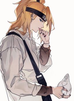 1boy absurdres black_headband black_nails blonde_hair blue_eyes brown_shirt collared_shirt deidara_(naruto) earrings hair_over_one_eye headband highres jewelry long_hair looking_at_viewer male_focus multiple_earrings multiple_rings nail_polish naruto_(series) naruto_shippuuden omegaantiworld ponytail profile ring rolling_eyes shirt shirt_under_shirt solo suspenders thumb_ring tongue tongue_out white_background white_shirt