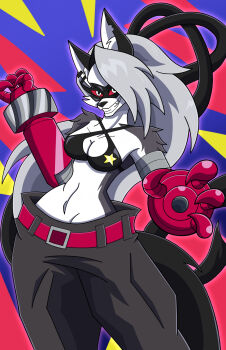 belt breasts cosplay digimon furry furry_female hellaverse helluva_boss highres looking_at_viewer loona_(helluva_boss) mask star_(symbol) thelordoflemonz wolvermon wolvermon_(cosplay)