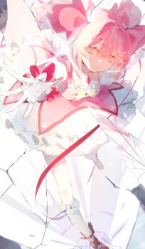 1girl absurdres amami_(nakayp41) commentary_request dress eyelashes gloves highres kaname_madoka looking_at_viewer magical_girl mahou_shoujo_madoka_magica pink_dress pink_eyes pink_hair red_shoes shoes socks solo soul_gem twintails twitter_username white_background white_gloves white_socks