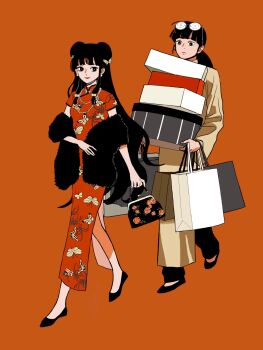 Rule 34 | 1boy, 1girl, animal print, bag, bell, black hair, black shoes, box, butterfly print, chinese clothes, coke-bottle glasses, commentary request, dress, eyewear on head, glasses, hair bell, hair ornament, highres, hiroko hiyokogm, long hair, mousse (ranma 1/2), orange background, ranma 1/2, red dress, shampoo (ranma 1/2), shoes, shopping bag, sidelocks, simple background, smile
