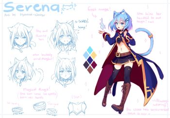 1girl animal_ear_fluff animal_ears blue_eyes blue_hair blush boots cat_girl character_name choker color_guide commentary english_commentary english_text hair_ornament hairclip highres hyanna-natsu jewelry magic multiple_views navel original reference_sheet ring short_hair simple_background sketch skirt tail thighhighs white_background wizard zettai_ryouiki