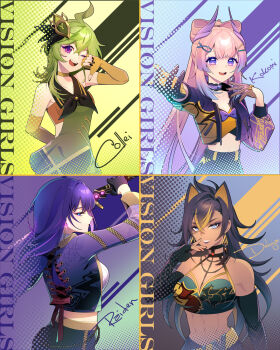 4girls abs ahoge alternate_costume alternate_universe animal_ears arms_up bare_shoulders belt black_gloves blue_eyes blue_pupils blunt_bangs bra braid breasts brown_hair cat_ear-shaped_hair character_name choker cleavage collarbone collei_(genshin_impact) commentary cover crop_top cropped_jacket crossover dark-skinned_female dark_skin dehya_(genshin_impact) dress earrings english_commentary english_text eyeshadow from_side genshin_impact glint gloves gradient_hair green_dress grey_hair hair_between_eyes hair_ornament happy hen-tie high_ponytail highres holding holding_sword holding_weapon huge_ahoge idol jacket jewelry katana kpop_demon_hunters large_breasts long_braid long_hair long_sleeves makeup multicolored_eyes multicolored_hair multiple_girls musou_isshin_(genshin_impact) navel open_clothes open_jacket open_mouth pants pink_hair ponytail purple_eyes purple_hair purple_jacket raiden_shogun reaching reaching_towards_viewer sangonomiya_kokomi second-party_source short_hair single_braid smile standing stomach streaked_hair sword teeth thumbs_down toned toned_female underwear upper_body upper_teeth_only wavy_hair weapon