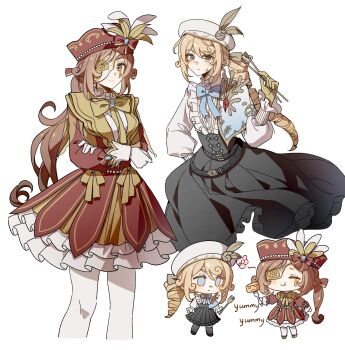 2girls belt beret between_breasts black_corset black_skirt blue_bow blue_bowtie blue_eyes bow bowtie breasts brown_hair chibi clothes_between_breasts commentary corset cropped_legs crossed_arms curly_hair dress drill_hair drill_ponytail edgar_valden edgar_valden_(golden_ratio) edgar_valden_(narcissus) eye_mask feet_out_of_frame floating_clothes floating_hair frilled_dress frilled_shirt frilled_skirt frilled_sleeves frills genderswap genderswap_(mtf) gloves greenn half_eye_mask hat hat_feather highres holding holding_paintbrush identity_v long_hair looking_at_viewer loose_belt mask multiple_belts multiple_girls official_alternate_costume paintbrush pantyhose puffy_sleeves red_dress shirt sidelocks skirt smile symbol-only_commentary teardrop_facial_mark very_long_hair white_gloves white_pantyhose white_shirt yellow_bow yellow_bowtie yellow_eyes