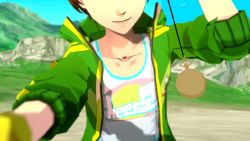 1other 20s 2girls 3d amagi_yukiko animated assertive_female atlus beach belt bikini black_eyes black_hair black_skirt blue_sky blurry breasts brown_eyes changing_channels cleavage cloud collarbone dark_eyes english_text evil_smile female_focus grabbing_another&#039;s_chin grass green_footwear green_jacket hairband hand_on_another&#039;s_chin heart highres hill holding holding_pocket_watch holding_watch hypnosis jacket logo long_hair looking_at_viewer looking_down looping_animation matching_hair/eyes megami_tensei midriff mind_control multiple_girls nature navel open_clothes open_jacket open_mouth outdoors persona persona_4 persona_4:_dancing_all_night persona_dancing pocket_watch pov sand satonaka_chie school_uniform shin_megami_tensei shirt shoes short_hair skirt sky sleepy small_breasts smile sneakers source_filmmaker_(medium) standing striped_clothes striped_jacket swimsuit swinging video vynil watch watching water white_belt white_bikini white_shirt yellow_stripe