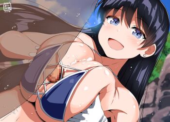 1girl arato_nagi bare_shoulders belko bikini black_hair blue_bikini blue_eyes breasts breasts_squeezed_together censored cleavage clothed_female_nude_male cum cum_on_body cum_on_breasts cum_on_upper_body earrings huge_breasts jewelry long_hair mosaic_censoring nude official_alternate_costume open_mouth paizuri penis perpendicular_paizuri ruri_no_houseki smile stud_earrings swimsuit