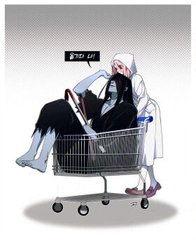 Rule 34 | 1boy, 1girl, absurdres, adashino adami, bbabbamis2, black hair, black kimono, blood, blood on face, commentary request, crowbar, gradient background, highres, holding, holding crowbar, homicipher, hood, hood up, in shopping cart, japanese clothes, kimono, korean commentary, korean text, long hair, looking at another, mr. crawling, pink hair, raincoat, red eyes, shopping cart, sitting, translation request, very long hair, walking, white raincoat