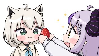 2girls :3 ahoge animal_ear_fluff animal_ears blue_neckerchief blush_stickers braid braided_bangs brown_eyes brown_shirt chibi closed_mouth collared_shirt commentary_request demon_horns fang food fox_ears fruit green_eyes grey_hair highres holding holding_food hololive horns la+_darknesss long_hair long_sleeves mochimiko multicolored_hair multiple_girls neckerchief outstretched_arms puffy_long_sleeves puffy_sleeves purple_hair shirakami_fubuki shirt simple_background sparkle strawberry streaked_hair virtual_youtuber white_background white_shirt