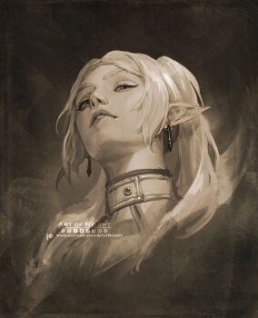 1girl art_of_neight biting_own_lip capelet commentary earrings elf english_commentary frieren highres jewelry long_hair looking_at_viewer meme monochrome pointy_ears portrait realistic sepia solo sousou_no_frieren twintails upward_angle_frieren_drawing_(meme)