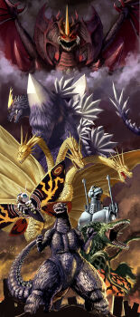 absurdres aircraft alien biollante blue_eyes bug building cannon city clone conjoined crest destoroyah destruction dinosaur directed-energy_weapon dragon embers energy_cannon energy_weapon extra_mouth garuda_(godzilla) glowing_crest godzilla_(series) godzilla_vs._biollante godzilla_vs._destoroyah godzilla_vs._king_ghidorah godzilla_vs._mechagodzilla_ii godzilla_vs._mothra godzilla_vs._spacegodzilla highres hydra insect jetpack kaiju king_ghidorah maser_cannon mecha mechagodzilla military misma moth mothra multiple_heads no_humans no_pupils plant red_eyes robot shoulder_cannon skyscraper spacegodzilla spiked_tail super_mechagodzilla tail tentacles toho tusks vines weapon yellow_eyes