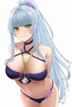 1girl absurdres bikini black_bikini blue_hair breasts commentary cozie178 english_commentary girls&#039;_frontline girls&#039;_frontline_2:_exilium green_eyes highres hk416_(girls&#039;_frontline) klukai_(cerulean_breaker)_(girls&#039;_frontline_2) klukai_(girls&#039;_frontline_2) large_breasts light_smile long_hair looking_at_viewer necklace_between_breasts simple_background swimsuit tattoo teardrop teardrop_facial_mark teardrop_tattoo wet_bikini