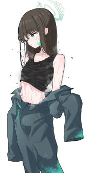 1girl 743_(743rd_bat) absurdres airi_(blue_archive) airi_(halloween)_(blue_archive) bare_shoulders black_shirt black_tank_top blue_archive brown_hair commentary cowboy_shot green_halo halo highres hot jumpsuit korean_commentary navel official_alternate_costume one_eye_closed open_jumpsuit parted_lips puff_of_air shirt simple_background solo steaming_body sweat tank_top undressing very_sweaty white_background