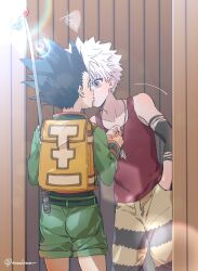 Rule 34 | 2boys, backpack, bag, bare shoulders, commentary request, cowboy shot, eye contact, gon freecss, green shorts, highres, holding hands, hunter x hunter, killua zoldyck, kiss, looking at another, looking at viewer, male focus, mochizuki akari, multiple boys, shirt, short hair, shorts, signature, sleeveless, spiked hair, standing, tank top, white hair, yaoi