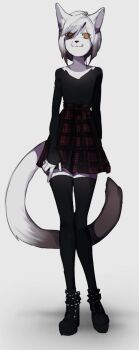 1girl animal_ears black_shirt black_thighhighs body_fur breasts cat_ears cat_girl cat_tail commission furry furry_female highres long_sleeves looking_at_viewer original pita-potato red_eyes shirt short_hair skirt smile solo tail thighhighs