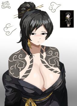 1girl alternate_hairstyle binah_(project_moon) black_eyes black_hair blush breasts chopsticks cleavage collarbone commentary english_commentary gradient_background hair_ornament hairpin holding holding_sword holding_weapon japanese_clothes katana kimono large_breasts library_of_ruina mole mole_under_eye multicolored_hair off_shoulder official_alternate_costume paulcamadonnas project_moon sayo_(project_moon) shoulder_tattoo solo sword tattoo weapon