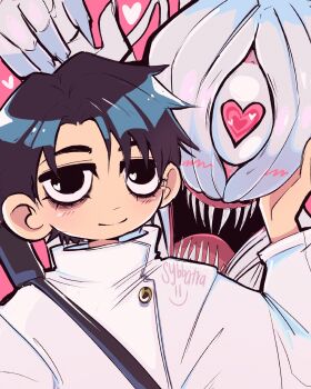 Rule 34 | 1boy, black eyes, black hair, closed mouth, hand up, heart, heart-shaped pupils, highres, jacket, jujutsu kaisen, jujutsu tech uniform, long sleeves, looking at viewer, monster, okkotsu yuuta, one-eyed, open mouth, orimoto rika, parody, pink background, scott pilgrim (series), scott pilgrim takes off, sharp teeth, short hair, smile, style parody, sybbatra, symbol-shaped pupils, teeth, white jacket