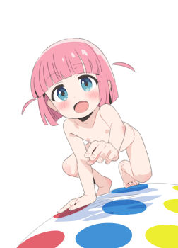 1girl :d arched_bangs barefoot blue_eyes blunt_ends bocchi_the_rock! completely_nude flat_chest gotoh_futari highres loli looking_at_viewer nipples nude open_mouth pink_hair saeki_tatsuya short_hair simple_background smile solo toes twister two_side_up white_background
