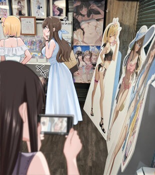 Rule 34 | 3girls, absurdres, bikini, black bikini, black choker, blonde hair, blue dress, blue ribbon, blurry, blurry foreground, breasts, brown hair, cardboard cutout, cellphone, childhood friend (childhood friend series), choker, covering own mouth, dress, flying sweatdrops, gal (childhood friend series), hair ornament, hair ribbon, highres, hisabisa ni atta osananajimi ga iroiro to seichou shiteirunoni nounai dake seichou shiteinakute douyou shiteiru, holding, holding phone, long hair, multiple girls, original, phone, pink bikini, pink hair, piyopoyo, rabbit hair ornament, ribbon, see-through silhouette, short hair, smartphone, sundress, swimsuit, younger sister (childhood friend series)