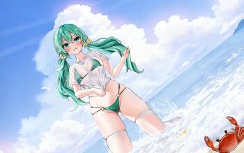 1girl azur_lane beach bikini blue_sky blush breasts cloud cosplay crab date_a_live gluteal_fold green_bikini green_eyes green_hair groin highres itsuka_kotori itsuka_kotori_(cosplay) itsuka_kotori_(waterside_goddess) kyouno_natsumi liranxisn long_hair looking_at_viewer low_twintails medium_breasts multi-strapped_bikini_bottom o-ring o-ring_bikini ocean outdoors sand shirt short_sleeves sky solo swimsuit thighhighs twintails wet wet_clothes wet_shirt white_shirt white_thighhighs