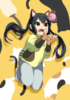 Rule 34 | 1girl, absurdres, animal ear fluff, animal ears, animal print, black hair, brown eyes, cat ears, cat print, cup, cupping, d:<, denim, drop shadow, eyebrows, green sweater, highres, jeans, k-on!, looking up, mobcap, mug, nakano azusa, open mouth, orange background, pants, shoes, sneakers, solo, sweat, sweater, tareme, tea, teeth, tongue, twintails, white shoes