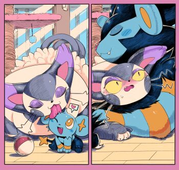 :3 absurdres animal_focus before_and_after black_claws blush border bright_pupils cat claws closed_eyes closed_mouth colored_sclera commentary cuddling english_commentary english_text evolutionary_line fang fangs fluffy flustered full_body gen_4_pokemon heart highres hug indoors licking licking_another light_rays looking_at_another luxray lying nintendo no_humans one_eye_closed open_mouth orange_eyes pink_border poke_ball pokemon pokemon_(creature) powerandy purple_eyes purugly role_reversal scratching_post shinx sitting size_difference sleeping smile speech_bubble spoken_heart sunbeam sunlight sweat sweatdrop teeth tongue tongue_out upper_body whiskers white_pupils yellow_sclera