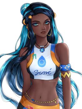 1girl artelsia bare_shoulders black_hair blue_eyes blue_hair breasts crop_top dark-skinned_female dark_skin earrings jewelry lips long_hair medium_breasts multicolored_hair nessa_(pokemon) nintendo pokemon pokemon_swsh shorts sleeveless swimsuit two-tone_hair white_background