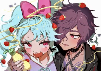 1boy 1girl absurdres annoyed black_collar black_jacket blue_hair bottle bow chain collar commentary_request dark-skinned_male dark_skin drill_hair food fruit garasu_neko hair_bow hair_over_one_eye highres holding holding_bottle idol_land_pripara jacket katasumi_amari long_hair looking_at_another mario_(pripara) mayonnaise_bottle open_mouth pink_bow pink_eyes pretty_series pripara red_eyes sharp_teeth short_hair smile strawberry teeth twin_drills twintails upper_body
