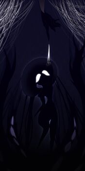 Rule 34 | 2girls, absurdres, arm up, arthropod girl, black skin, colored skin, commentary, english commentary, ghostlypepper, glowing, glowing eyes, grand mother silk (hollow knight), highres, hollow knight, hollow knight: silksong, lace (hollow knight), lost lace, multiple girls, silk, solo focus, spider web, tentacles, white eyes