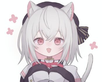 1girl animal_ear_fluff animal_ears arazan_(ara_arazan24) beret black_hat black_jacket cat_ears cat_girl cat_tail clothes_pull colored_inner_hair fang floral_background hair_between_eyes hashtag-only_commentary hat hat_ribbon jacket jacket_pull medium_hair multicolored_hair neck_ribbon open_mouth pink_eyes pink_hair red_ribbon ribbon sayo_(voicevox) shirt simple_flower sleeve_cuffs sleeves_past_fingers sleeves_past_wrists smile solo tail voicevox white_background white_hair white_shirt