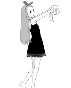 1girl bare_shoulders barefoot blush child dress flat_chest greyscale hairband hijiri_rei idolmaster idolmaster_(classic) long_hair looking_at_viewer minase_iori monochrome oekaki solo stuffed_animal stuffed_rabbit stuffed_toy