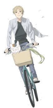 Rule 34 | 1boy, basket, bicycle, black shirt, blonde hair, blue pants, breast pocket, brown eyes, cat, closed eyes, collared shirt, crew neck, denim, highres, jeans, looking ahead, male focus, multicolored cat, nakmini, natsume takashi, natsume yuujinchou, nyanko-sensei, open clothes, open shirt, pants, parted bangs, pocket, riding, riding bicycle, shirt, shoes, simple background, smile, sneakers, teeth, white background, white shirt, wing collar